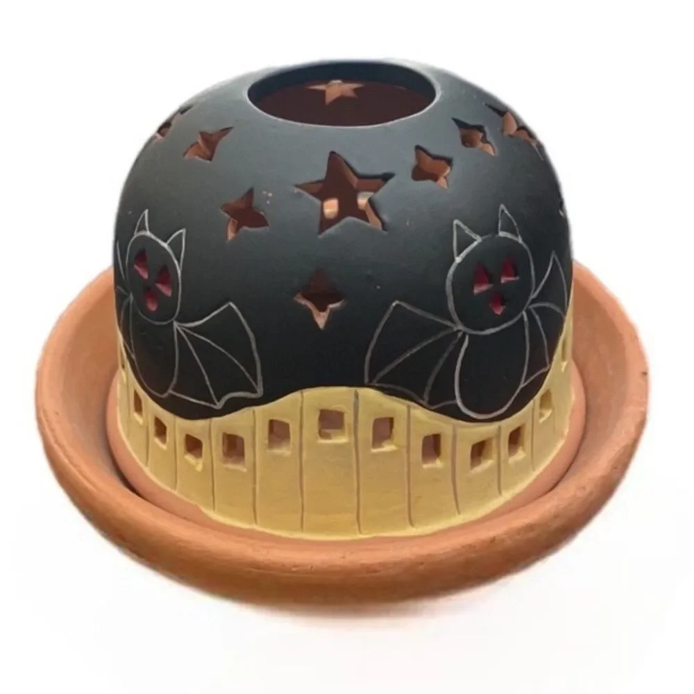 HALLOWEEN Terracotta Fairy Lamp Cat Bat